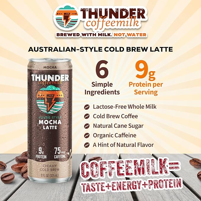 Thunder CoffeeMilk - 11 oz Aussie Style Cold-Brewed Latte Canned Coffee Iced Coffee Cans for Grab &amp Go Natural Protein-Rich 75mg Caffeine Energy Drink in Handy Cold Brew Cans Mocha 12 Pack