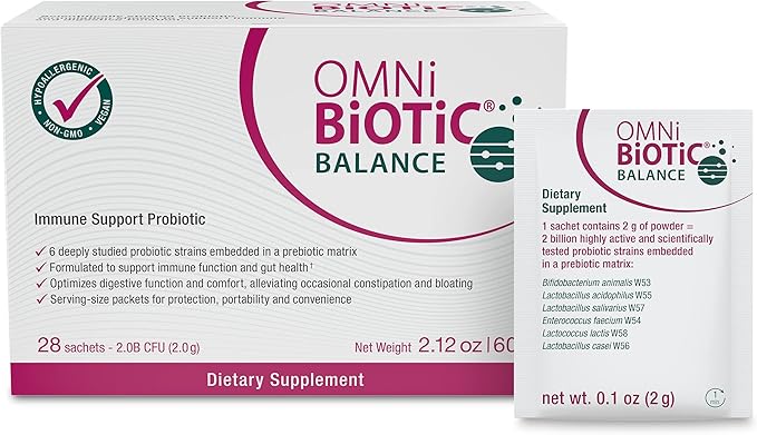 OMNi BiOTiC Balance Probiotic Immune Support - Bifidobacterium &amp Lactobacillus - Hypoallergenic - Immune Booster Supplement for Men and Women - Non-GMO (28 Daily Packets)