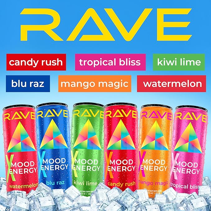 RAVE Mood Energy Drink is Mind Blowingly Different. With Mood-Boosting Functional Mushrooms Nootropics Adaptogens &amp B Vitamins. Experience Mind &amp Body Rush! 225mg Caffeine - Electrolytes - Z