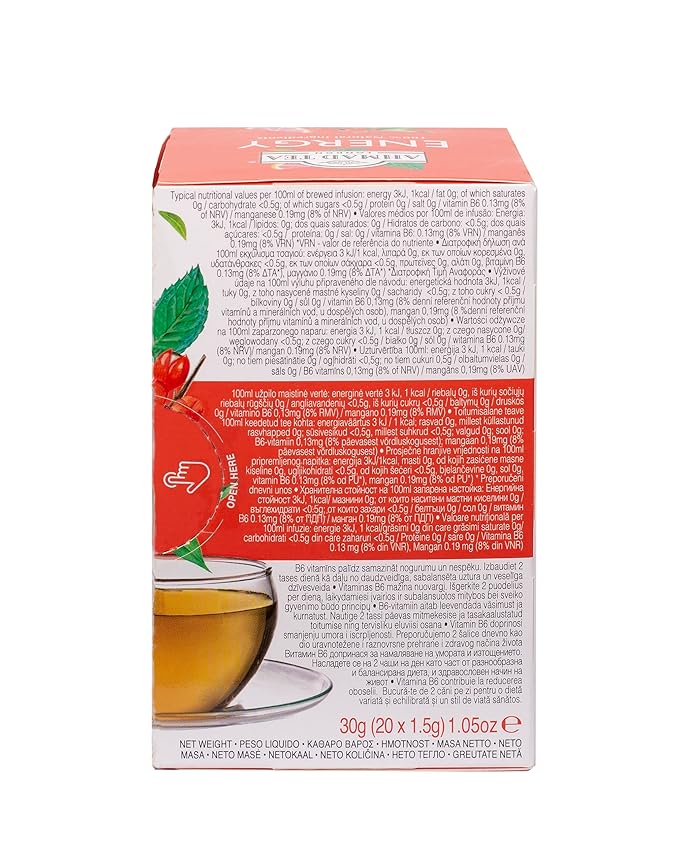 Ahmad Tea Herbal Tea Grapefruit Mate Guarana Seed &amp Vitamin B6 'Energy' Natural Benefits Teabags 20 ct (Pack of 6) - Caffeinated &amp Sugar-Free