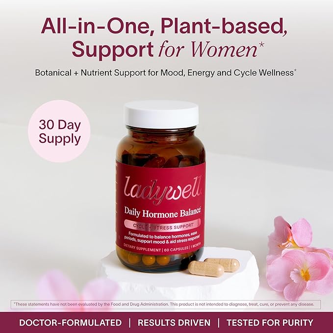 Ladywell Daily Hormone Balance Capsules | Natural Cycle Support for Women | Supports Mood Bloating Cramps Skin Health &amp Cravings | with Chasteberry B Vitamins Ashwagandha Saffron &amp More