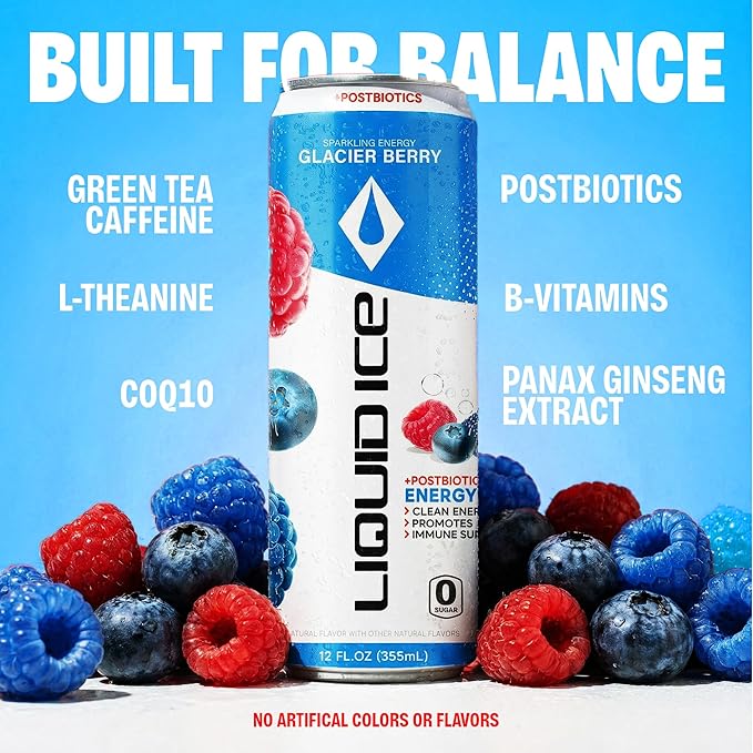 Liquid Ice Energy Drink - With Postbiotics For Gut-Health Natural Caffeine Zero Sugar 120mg Caffeine L- Theanine Antioxidant Support Clean Focused Energy with Green Tea Extract COQ10 Glacier B