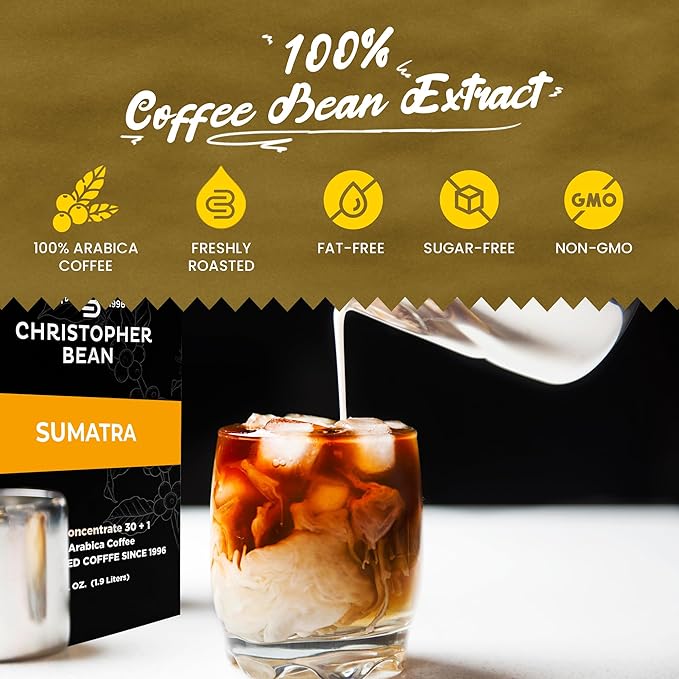 Christopher Bean Coffee - 396 servings 30 to 1 Blend Bag in Box Liquid Instant Coffee or Cold Brew Coffee Concentrate - Hot or Iced Coffee - Sumatra Brew
