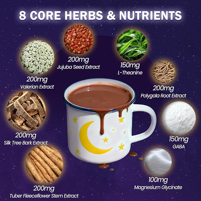 Mushroom Hot Cocoa Melatonin-Free Natural Herbal Sleep Powder with Jujube Seed Magnesium Glycinate GABA L-Theanine &amp 14 Mushroom Extracts | Calm Relaxation &amp Immune | hot chocolate 30 Se