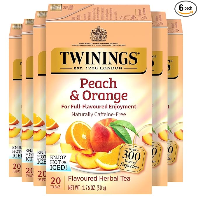 Twinings Peach &amp Orange Herbal Tea Individually Wrapped Bags 20 Count (Pack of 6) Juicy &amp Fruity Naturally Caffeine-Free Enjoy Hot or Iced 120 Teabags