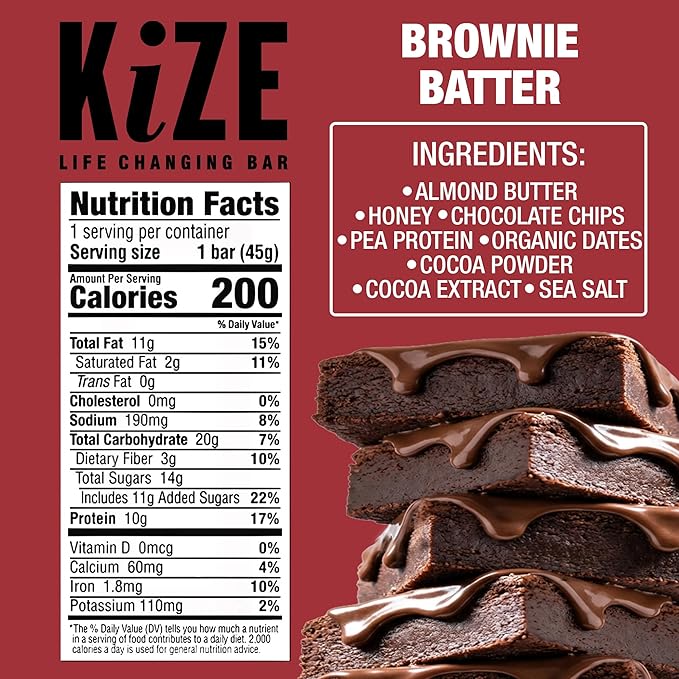 KiZE Energy Bars - Brownie Batter - 20-Count - Almond-Butter-Based Gluten Free Dairy Free Non-GMO and High Protein Meal Replacement Energy Bars Clean and Simple Food Ingredients - 10g High Protei