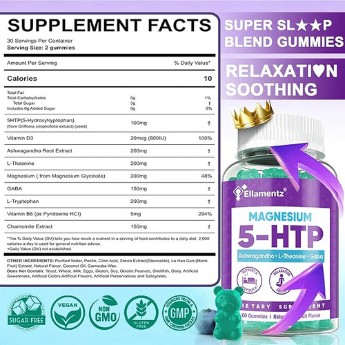 5HTP Gummies + GABA - Melatonin Free -Magnesium Glycinate Ashwagandha L-Theanine L-Tryptophan &amp Vitamin D3 | Relaxation &amp Calm Gummies | Nighttime Support for Adults 2 Pack