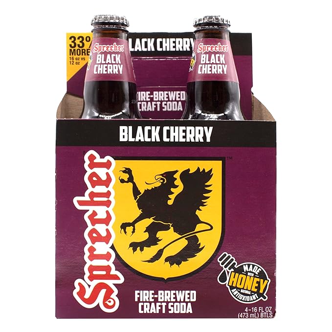 Sprecher Black Cherry Soda in 16 fl oz Glass Bottles (12 Pack) Fire Brewed Craft Cherry Soda with Real Honey Naturally Flavored Caffeine Free Soft Drink