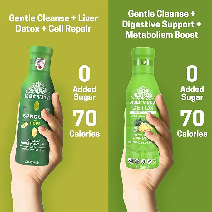 Karviva Organic Juice Cleanse for Liver Detox &amp Hormone Health - Ancient Remedies with Broccoli Sprouts Aloe Vera Kale Kiwi Ginger - Low-Sugar Prebiotic Fiber Antioxidants (6 BPA-Free Toxi