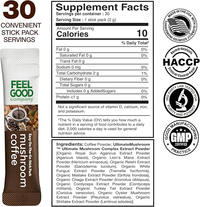 Feelgood Company Mushroom Coffee with 10 Organic Mushrooms and Arabica Coffee 30 Stick Packs Zero Added Sugar Supports Immune Health and Brain Function
