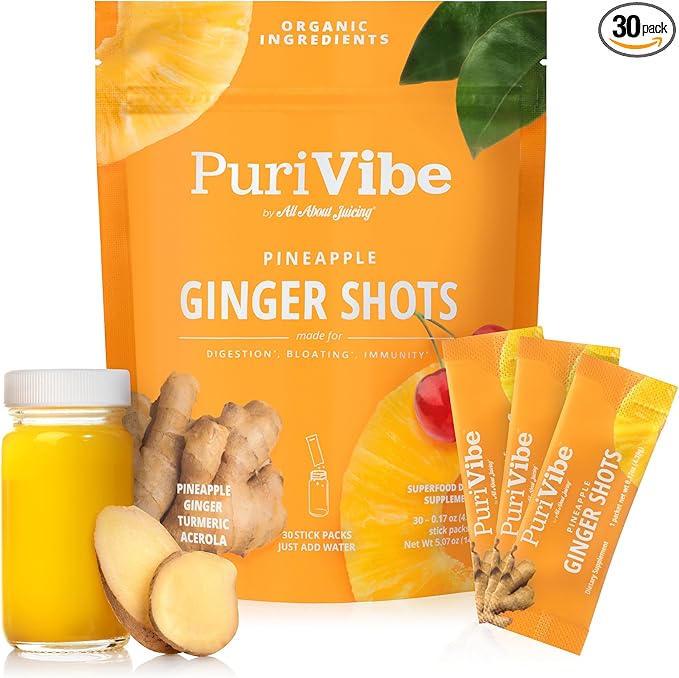 All About Juicing Ginger Shots with Pineapple &amp Turmeric - Superfood Juice Powder - Immunity Digestion &amp Energy Support - 30 Wellness Stick Packs - PuriVibe