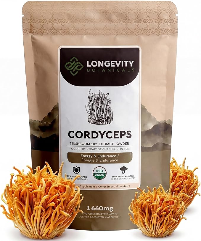 Organic Cordyceps Mushroom Powder Supplement 10:1 Extract 100g | Cordyceps Militaris 100% Fruiting Body | ≥30% Beta-D-Glucans | 60 Servings of 1660mg | Energy Endurance &amp Stamina Support