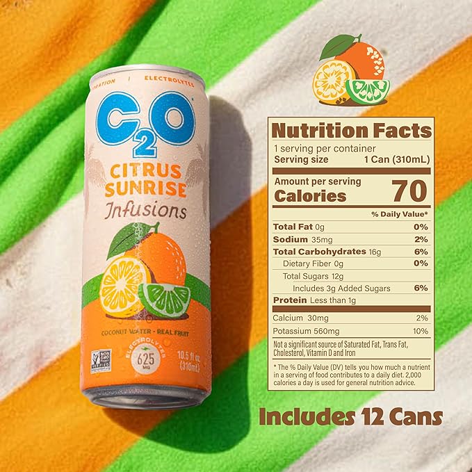 C2O - Coconut Water Infusions - Citrus Sunrise (12 Pack) - 700mg of Electrolytes - Made with Fresh Coconut Water + Real Fruit Juice - Plant Based Natural Hydration Non GMO - 12 Slim Cans 10.5 fl oz
