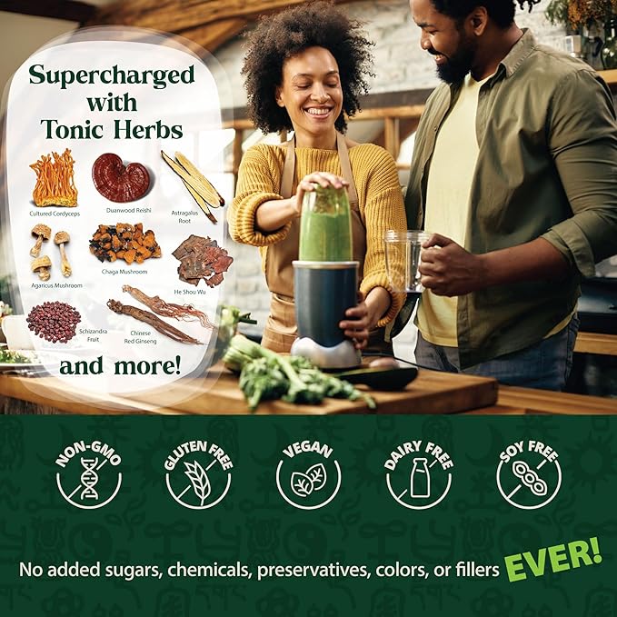 Dragon Herbs Tonic Alchemy Superfood Greens Powder with 91 Ingredients: Tonic Herbs Ashwagandha Mushrooms Probiotics Super Greens Seaweeds Fruits Vegetables Spirulina - 30 Servings