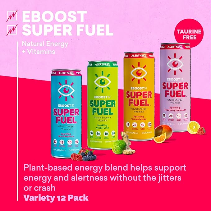 EBOOST Super Fuel Healthy Energy Drink - Caffeine from Natural &amp Clean Ingredients For Focus and Productivity -Taurine Free Pre-Workout With Electrolytes Nootropic &amp Vitamins - Variety Pack