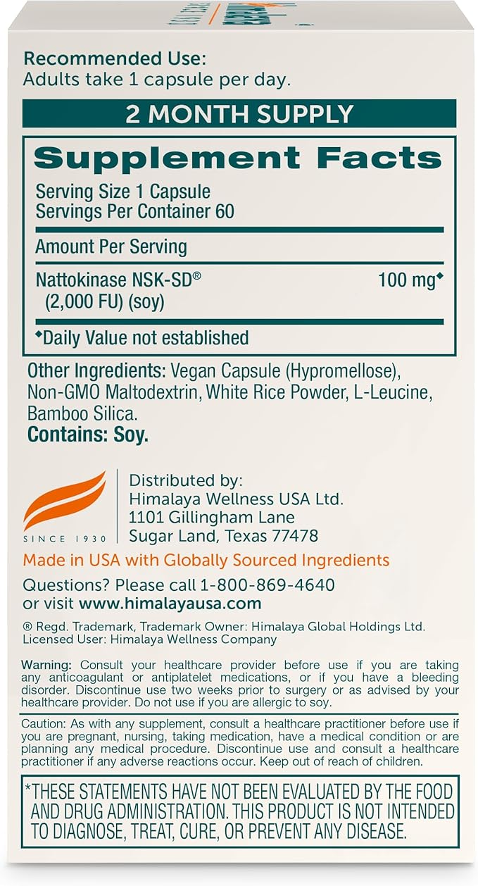 Himalaya NSK-SD Nattokinase Dietary Supplement for Healthy Circulation Vegan Gluten Free Natto Extract 100 mg 60 Capsules