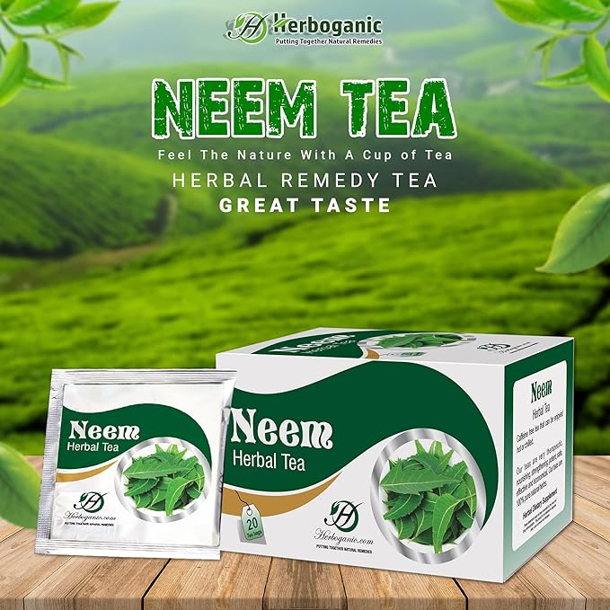 HERBOGANIC Neem Herbal Tea - Digestion Support and Immune Boost | Refreshing and Delicious Blend | Natural Ingredients | 60 Tea Bags