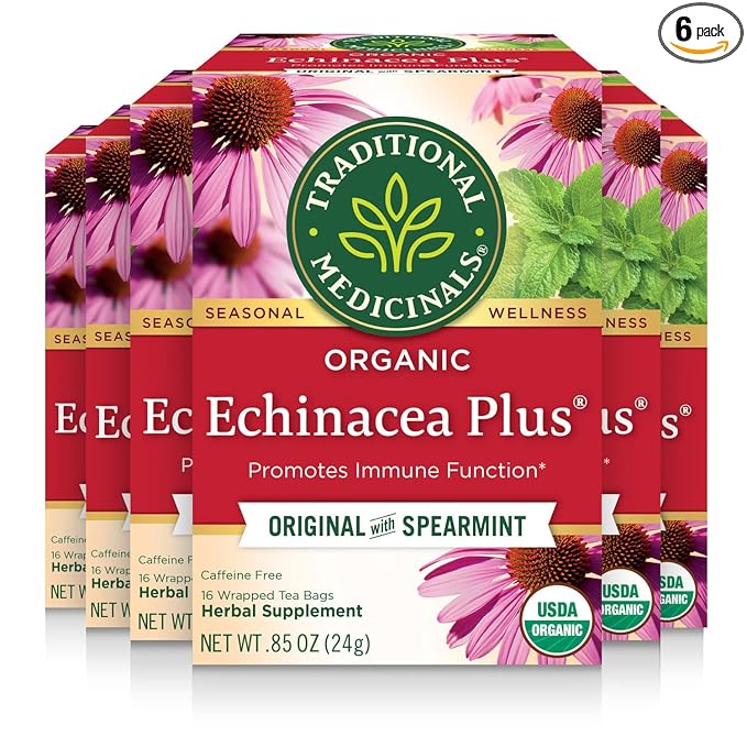 Traditional Medicinals Organic Echinacea Plus - Promotes Immune Support - Kosher Non-GMO Caffeine-Free Compostable - 96 Tea Bags (6 Packs of 16)