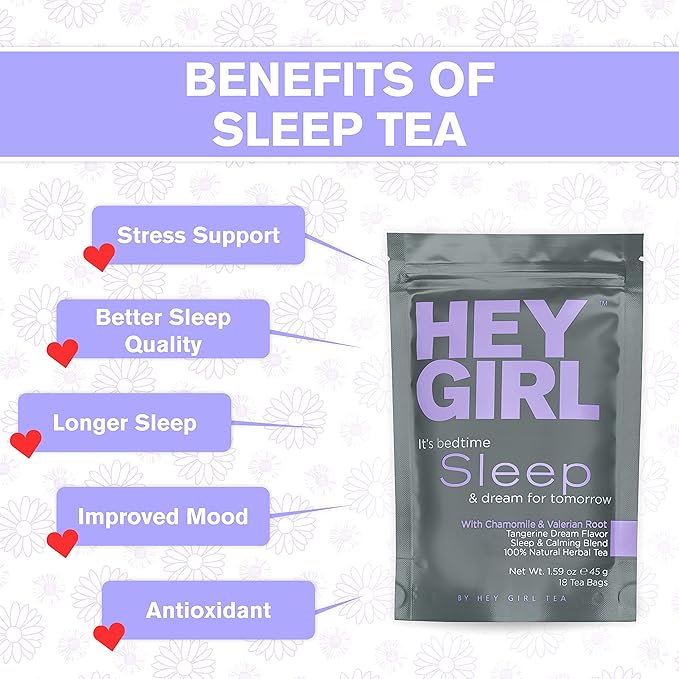 Hey Girl Sleep Tea - Natural Herbal Bedtime Tea Bags with Chamomile Passion Flower Valerian Root Lemon Balm - Calming Relaxing Adults Sleepy Night Time Tea - Relaxation Gifts for Women 2-packs