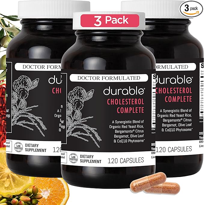 Durable Cholesterol Complete – Organic Red Yeast Rice 1600 mg + Bergamonte® Citrus Bergamot 1000 mg + Ubiqsome® CoQ10 + Olive Leaf + Vitamin C – Doctor Formulated Made in USA (360 Capsules)