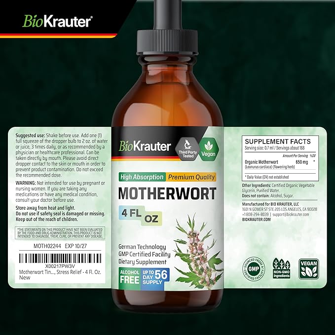 BIO KRAUTER® Perimenopause &amp Menopause Supplements for Women* - Vegan Motherwort Tincture 4 Fl.Oz 56-Day Supply for Natural Calm &amp Women's Wellness - Alcohol &amp Sugar Free - 650 mg per Serv