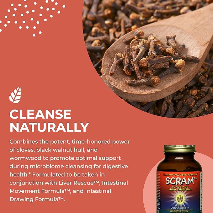 HEALTHFORCE SUPERFOODS Scram - Herbal Supplement with Milk Thistle Wormwood &amp Black Walnut - Digestion Support Capsules - 150 Vegan Capsules