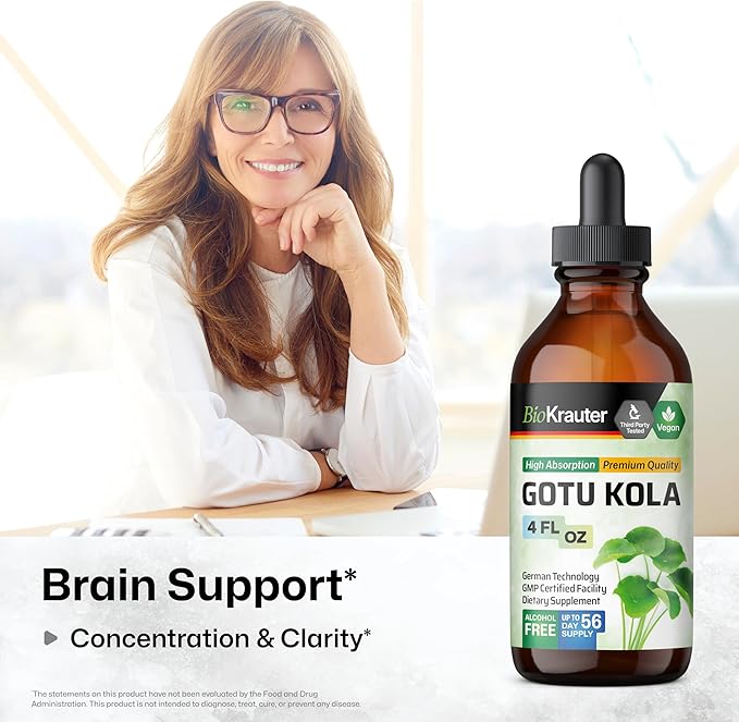 BIO KRAUTER® Centella Asiatica (Gotu Kola)- Liquid Drops Gotu Kola Extract 685 mg/Serving 4 Fl.Oz 56-Day Supply - Pure Vegan Brain Supplement Supports Calm Focus &amp Memory - Alcohol &amp Sugar F