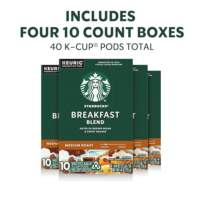 Starbucks K-Cup Coffee Pods Medium Roast Hot or Iced Coffee Breakfast Blend 40 Keurig Pods