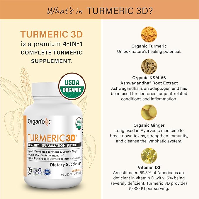 Organixx USDA Organic Turmeric Curcumin Supplement with Ashwagandha Vitamin D Turmeric &amp Ginger – Fermented for Maximum Bioavailability 30 Count (Pack of 2)