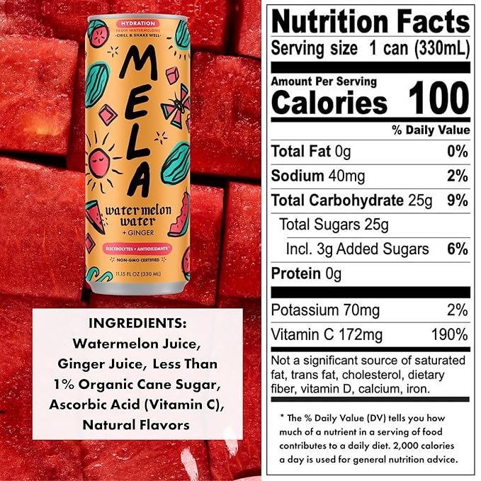 Mela Watermelon Water - Watermelon Juice 100 Percent Natural Fruit Juice with Vitamin C Electrolytes Antioxidants - Coconut Water Alternative Gluten-Free (Ginger 16.9 fl oz 12-pack)