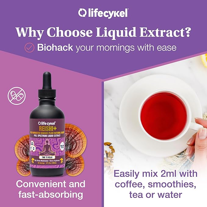 Life Cykel - Reishi Mushroom Extract w/Kakadu Plum- Adaptogen for Sleep Help Relaxation &amp Cellular Support- 100% Organic Mushrooms Antioxidants Vitamin C 2oz (Packaging May Vary)