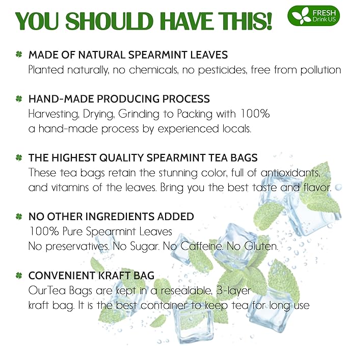 Spearmint Tea Bags 100% Natural &amp Pure Spearmint Leaves. Loose Leaf Spearmint Herbal Tea. Spearmint Leaf Tea. No Sugar No Caffeine No Gluten Vegan.