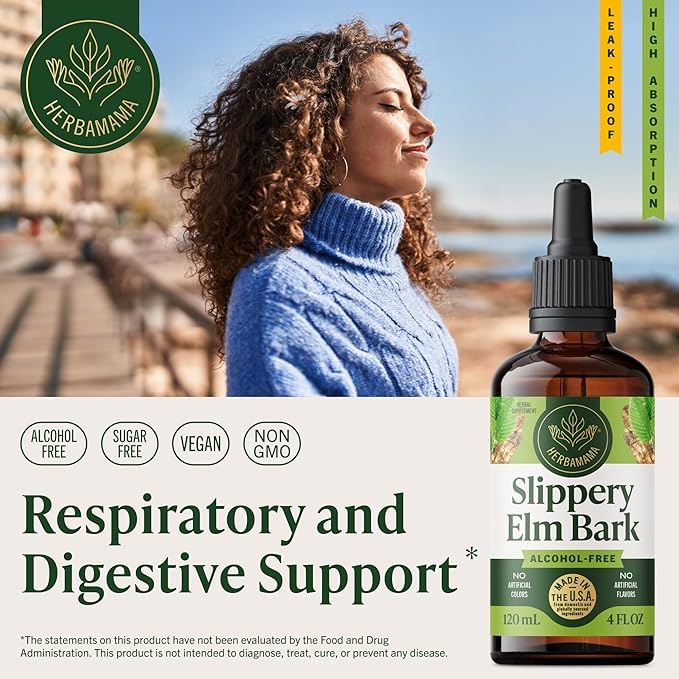 HERBAMAMA Slippery Elm Liquid Drops - Vegan Respiratory &amp Digestive Support with Slippery Elm Bark Extract - Non-GMO Alcohol &amp Sugar-Free Supplement Tincture 56-Day Supply