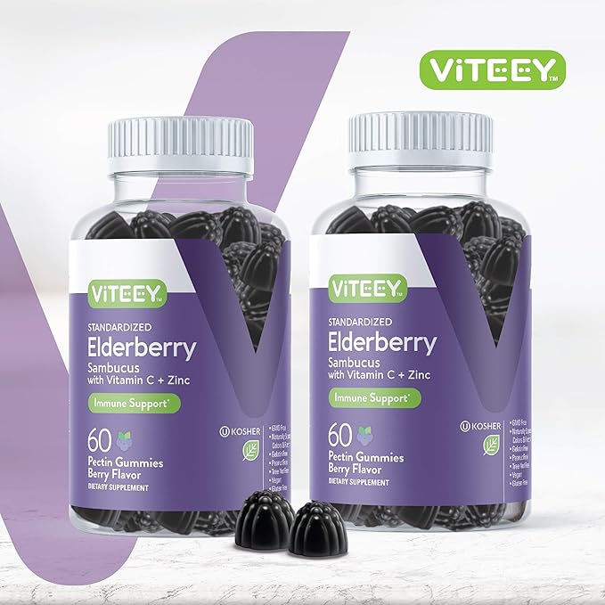 Viteey Sambucus Elderberry Gummies for Adults – Elderberry Vitamin C and Zinc Immunity Gummies - Vegan Gluten-Free – 120 Count