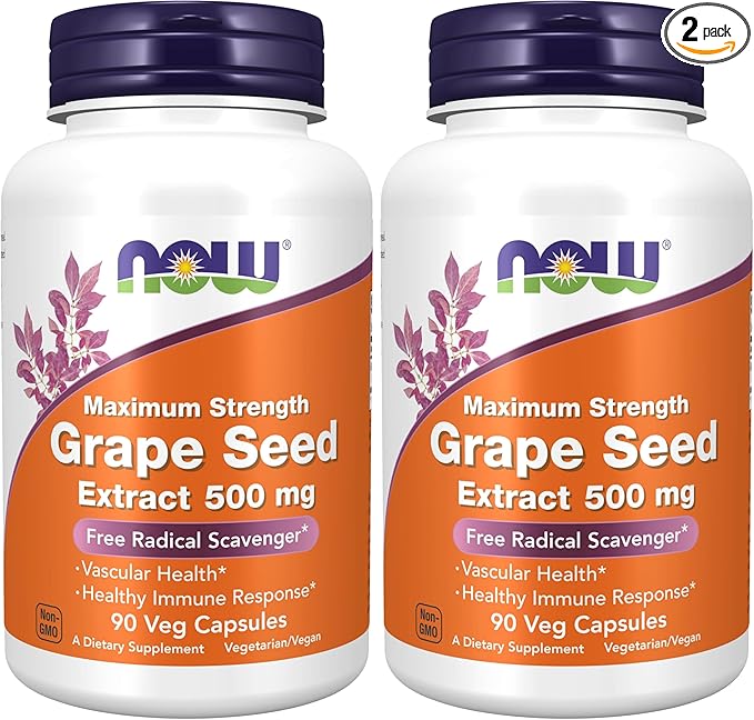 NOW Supplements Grape Seed Extract Maximum Strength 500 mg (a Highly Concentrated Extract with a Minimum of 90% Polyphenols) 90 Veg Capsules Red/Brown 0.25 pounds (Pack of 2)
