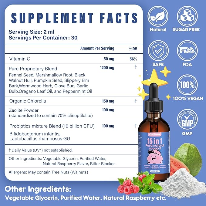 Parasite Cleanse for Humans &amp KidsParasite Cleanse for ChildrenZeolite Detox Liquid DropsCandida Cleanse &amp Wellness FormulaContains wormwood black walnut cloveOrganic ChlorellaOregano2
