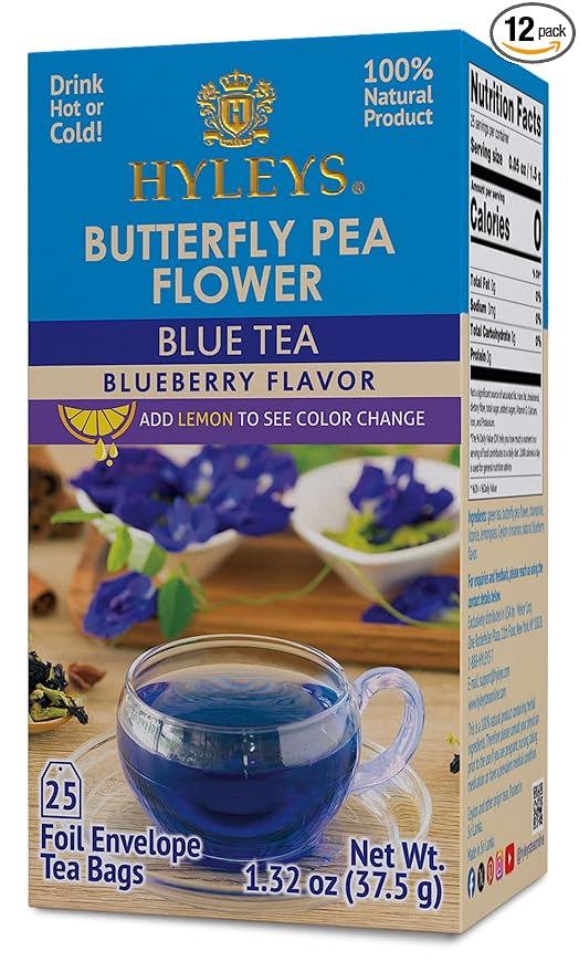 Hyleys Butterfly Pea Flower Tea – Blue Tea with Natural Blueberry Flavor – 25 Tea Bags – Green Tea Chamomile Cinnamon Lemongrass (12 Pack - 300 Tea Bags Total)