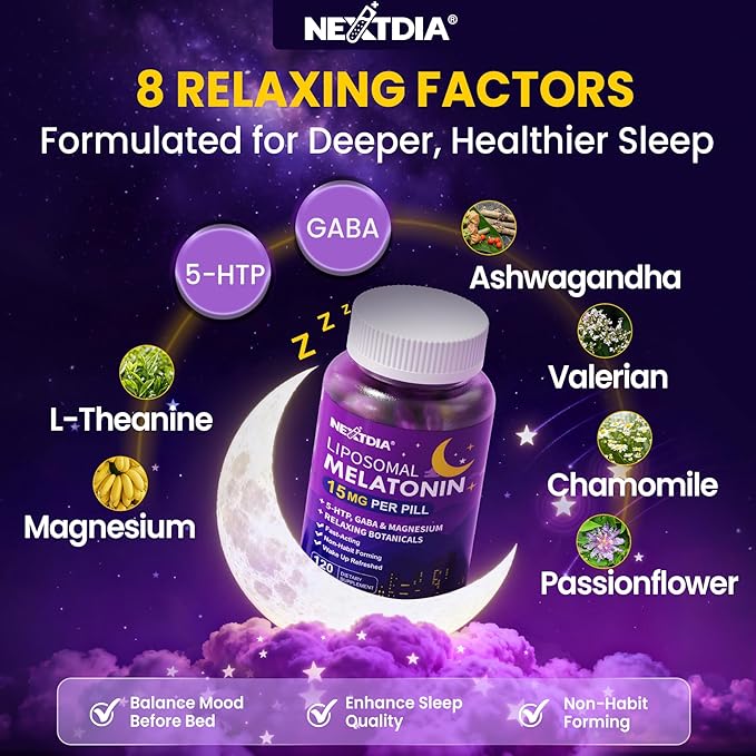 Liposomal Time Release Melatonin + Magnesium Sleep Supplement Natural Calm Sleep Aids for Adults 15mg 30mg Melatonin Extended Release Pills w/ GABA 5-HTP Ashwagandha &amp L-Theanine 120 Softgels