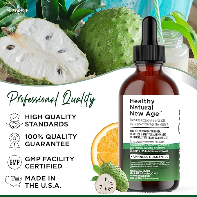 NEW AGE Soursop Drops - Soursop Bitters Liquid with Soursop Fruit and Leaves Elderberry Vitamin C and Olive Leaf - Multimineral &amp Vitamins Superfood - 4 oz