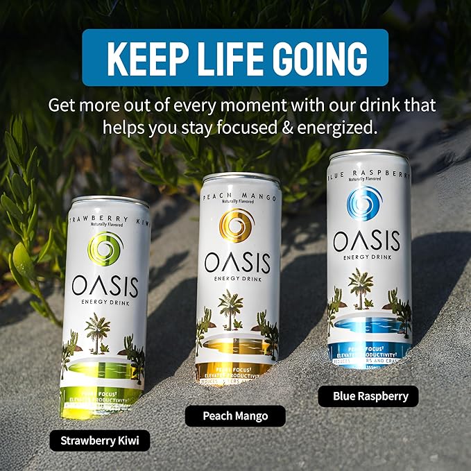 Oasis Energy Drink - (12 Pack) Smooth Clean Energy with Focus-Boosting Nootropics Zero Sugar Low-Calorie Vegan Gluten-Free Juicy Fruity Flavor Perfect for Work &amp Daily Workouts (12 - Pack S
