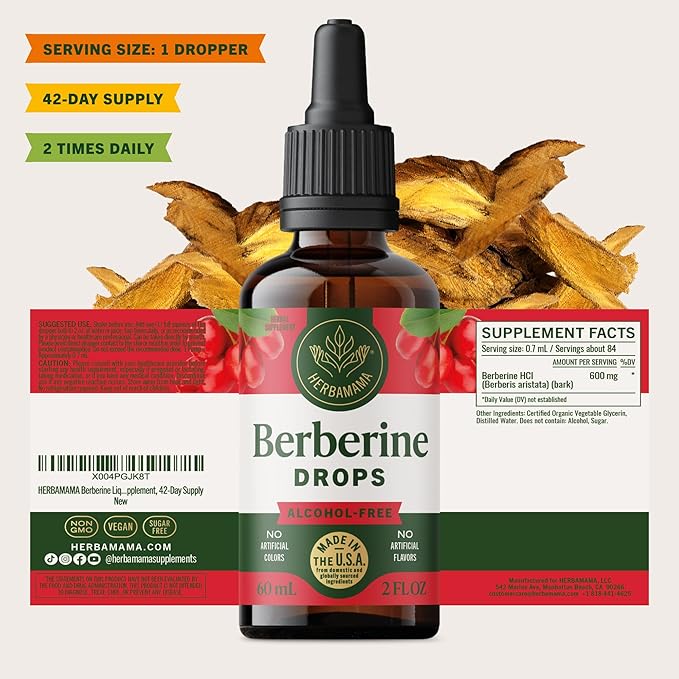 HERBAMAMA Berberine Liquid Drops - Vegan Antioxidant &amp Overall Support with Berberine HCL 500mg Extract Tincture - Non-GMO Alcohol &amp Sugar-Free Supplement 42-Day Supply