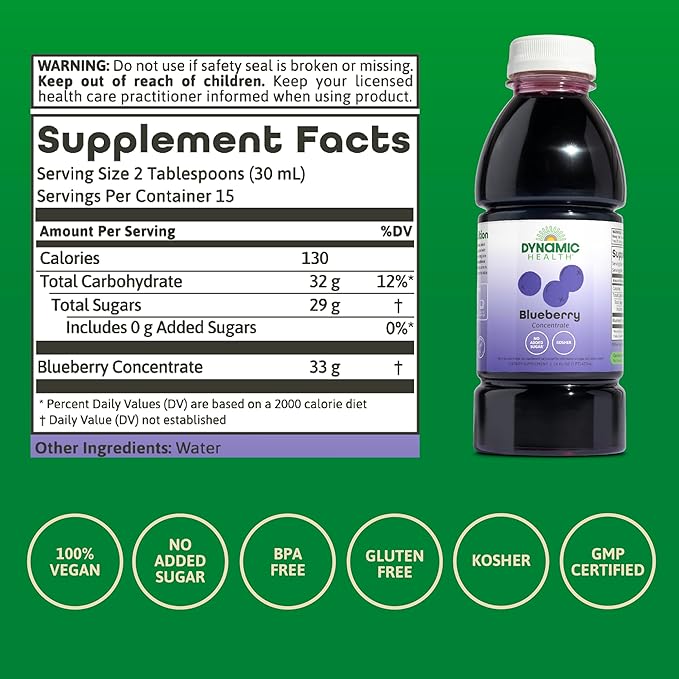 Dynamic Health Blueberry Concentrate 100% Concentrate Unsweetened No Additives Brain Function Antioxidant Support Vegan Gluten Free Non-GMO 16 Fl oz