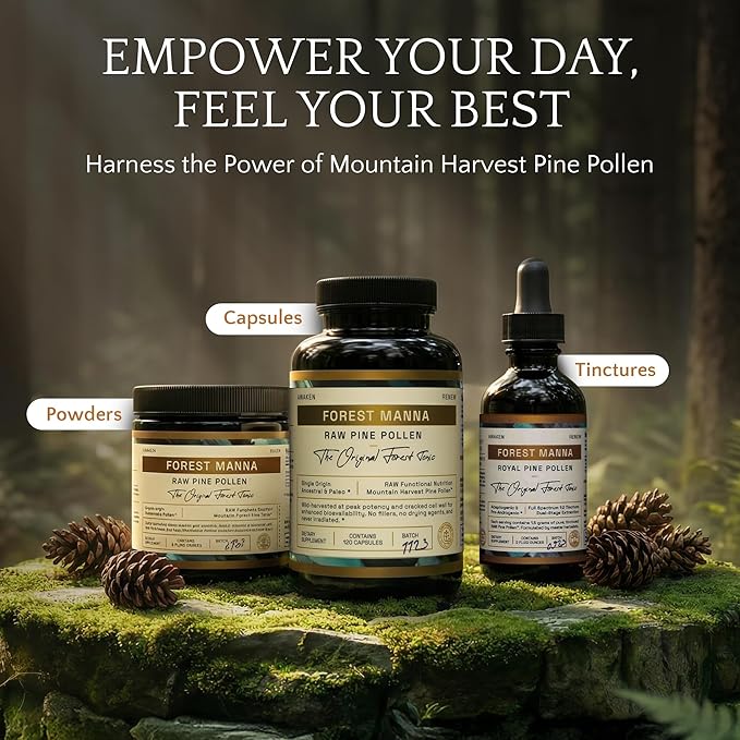 Forest Manna RAW Pine Pollen Capsules – Adaptogenic Functional Nutrition – Single Origin Pine Pollen – Vegan Gluten-Free &amp Non-GMO – 120 Capsules