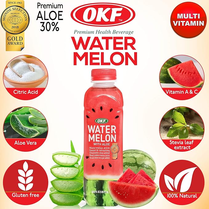 OKF Watermelon with Aloe Vera Drink Sweet and Refreshing W/Chewable Aloe added. Real Watermelon Juice and Real Aloe Vera Gel Added 16.9 Fluid Ounce (Pack OF 10)