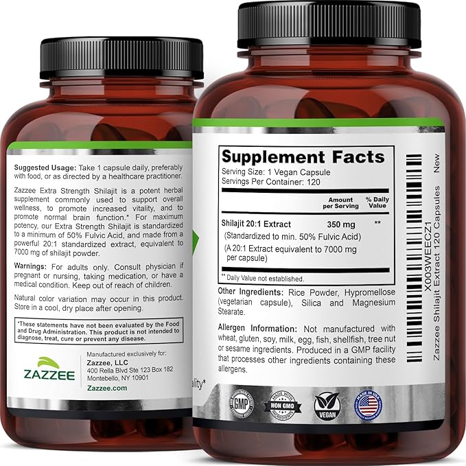 Zazzee 100% Pure Himalayan Shilajit 20:1 Extract 50% Fulvic Acid 120 Vegan Capsules 4 Month Supply Rich in Trace Mineral 20X Potency Energy &amp Vitality Support Non-GMO Made in the USA