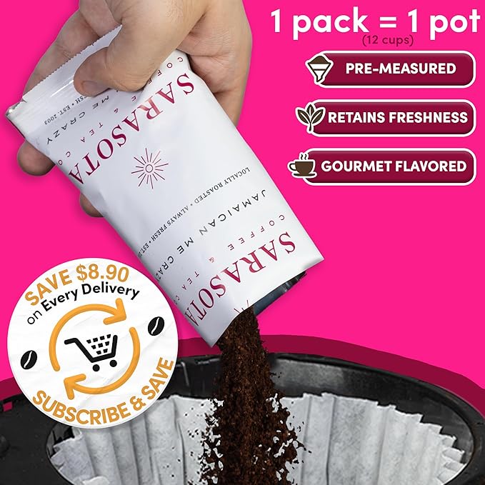 2.5oz Coffee Packs – Jamaican Me Crazy Flavored Medium Roast | Pre-Measured Ground Coffee for 12 Cup Drip Makers | Low Acid Mold-Free Single-Pot Pouches | 36 Count Bulk Pack – Sarasota Coffee