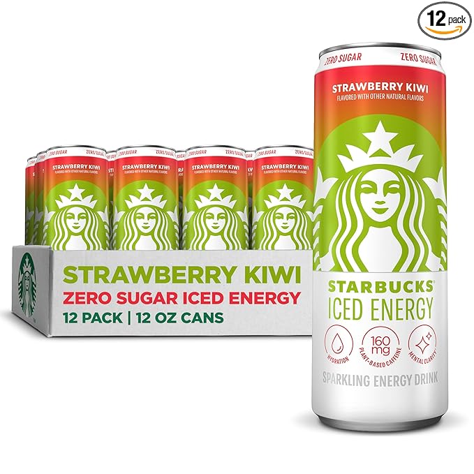 Starbucks Iced Energy Strawberry Kiwi Zero Sugar Energy Drink Plant Based Caffeine Hydration Mental Clarity 12 Fl Oz Cans (Pack of 12)