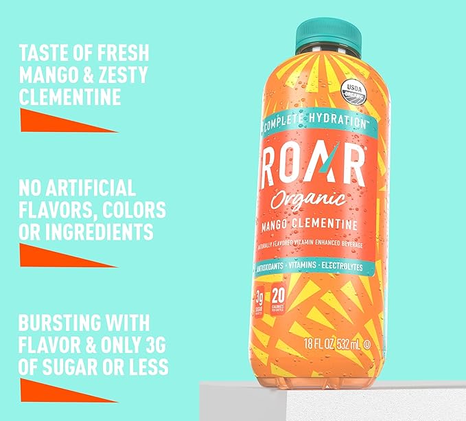Roar Organic Electrolyte Infusions - USDA Organic - Mango Clementine - with Antioxidants B Vitamins Low-Calorie Low-Sugar Low-Carb Coconut Water Infused Beverage 18 Fl Oz (Pack of 12)