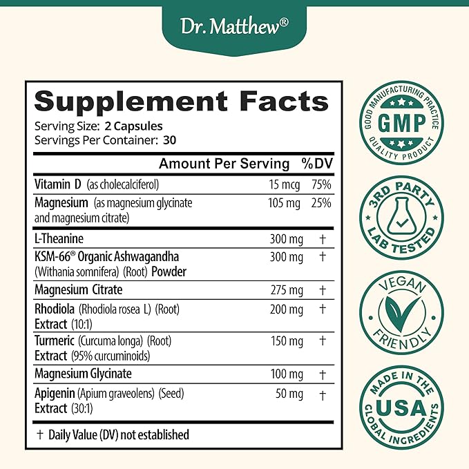 Cortisol Reducer &amp Adrenal Support Supplement–Natural Stress Relief with Ashwagandha KSM-66 Magnesium Glycinate &amp Citrate L-Theanine Rhodiola Apigenin Turmeric &amp Vitamin D3–Calm Mood