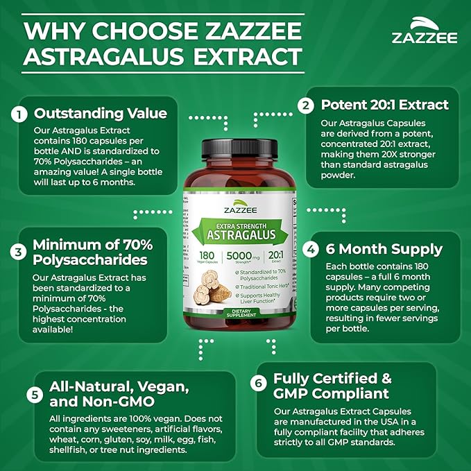 Zazzee Extra Strength Astragalus Root 20:1 Extract 70% Polysaccharides 180 Vegan Capsules 6 Month Supply Astragalus Membranaceus Immune System Support Non-GMO Herbal Supplement Made in the USA